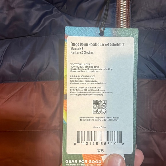 Sold! Cotopaxi Fuego Down Hooded Jacket “Martime and chestnut” womens small NWT - Picture 4 of 13